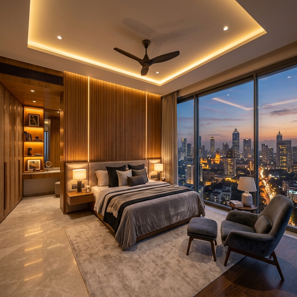 Modern Penthouse Master Bedroom with City Skyline View